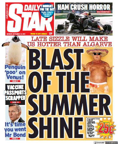 Daily Star Newspaper Front Page (UK) for 13 September 2021