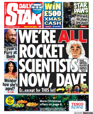 Daily Star Newspaper Front Page (UK) for 14 December 2021