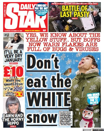Daily Star Newspaper Front Page (UK) for 14 December 2023