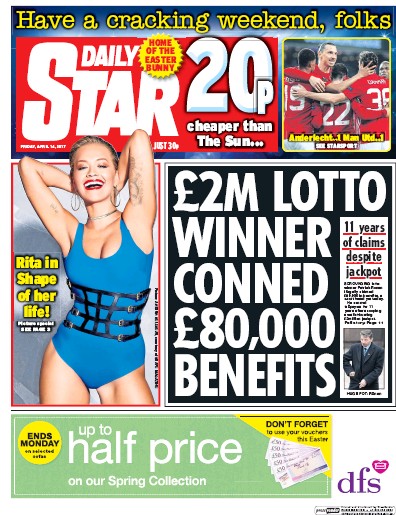 Daily Star Newspaper Front Page (UK) for 14 April 2017