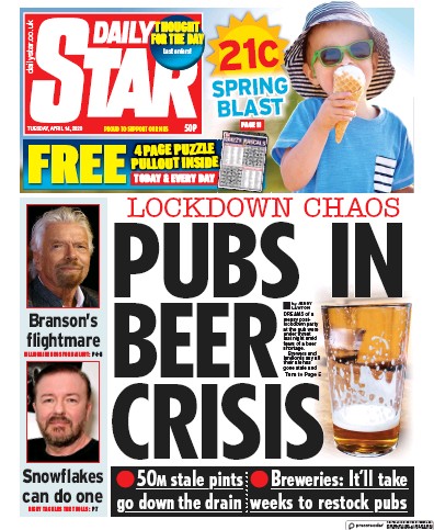 Daily Star Newspaper Front Page (UK) for 14 April 2020