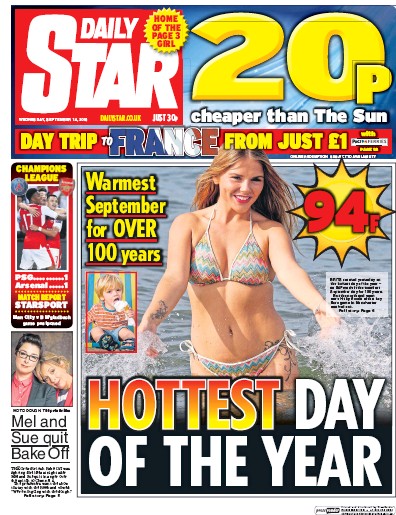 Daily Star Newspaper Front Page (UK) for 14 September 2016