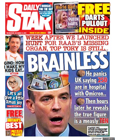 Daily Star Newspaper Front Page (UK) for 15 December 2021