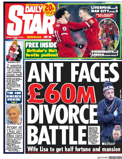 Daily Star Newspaper Front Page (UK) for 15 January 2018