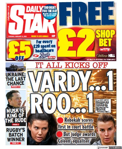 Daily Star Newspaper Front Page (UK) for 15 February 2022