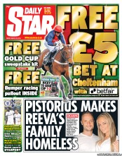 Daily Star (UK) Newspaper Front Page for 15 March 2013