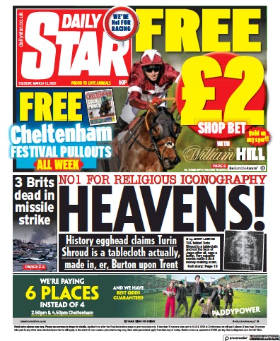 Daily Star Newspaper Front Page (UK) for 15 March 2022