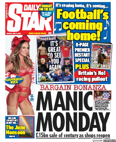 Daily Star Newspaper Front Page (UK) for 15 June 2020