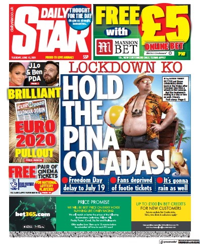 Daily Star Newspaper Front Page (UK) for 15 June 2021