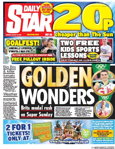 Daily Star Newspaper Front Page (UK) for 15 August 2016