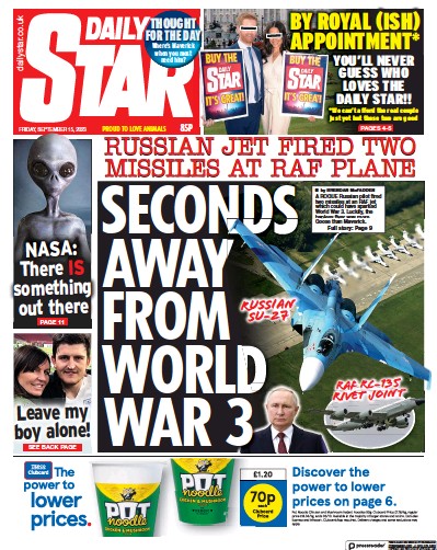 Daily Star Newspaper Front Page (UK) for 15 September 2023