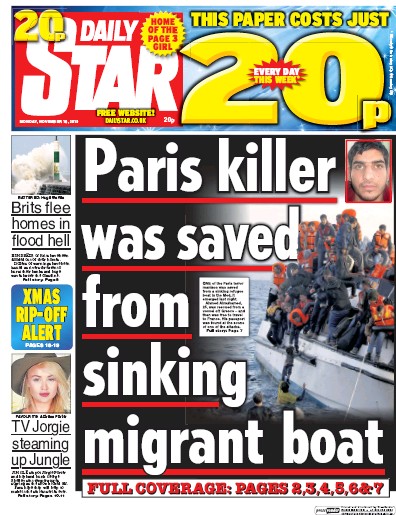 Daily Star Newspaper Front Page (UK) for 16 November 2015