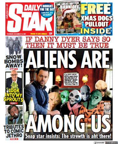 Daily Star Newspaper Front Page (UK) for 16 December 2021