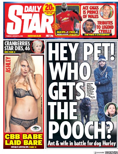 Daily Star Newspaper Front Page (UK) for 16 January 2018