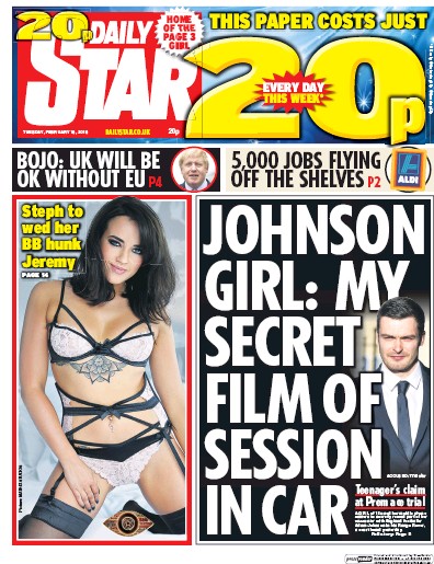 Daily Star Newspaper Front Page (UK) for 16 February 2016