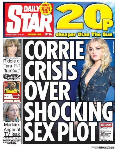 Daily Star Newspaper Front Page (UK) for 16 February 2017