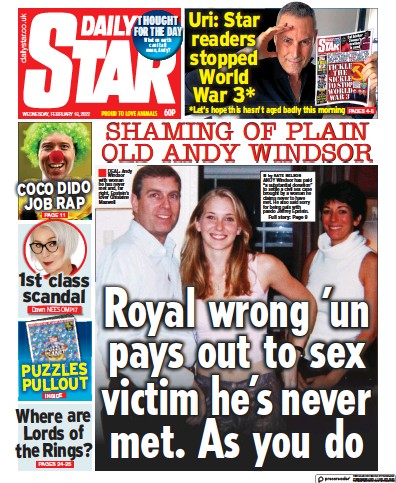Daily Star Newspaper Front Page (UK) for 16 February 2022