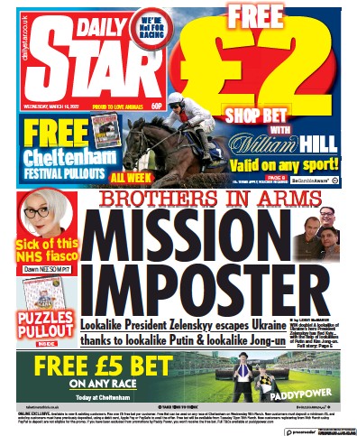 Daily Star Newspaper Front Page (UK) for 16 March 2022