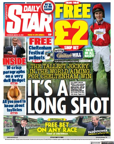 Daily Star Newspaper Front Page (UK) for 16 March 2023