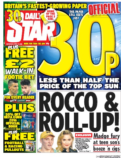Daily Star Newspaper Front Page (UK) for 16 April 2016