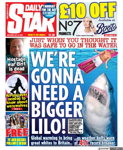 Daily Star Newspaper Front Page (UK) for 16 July 2022