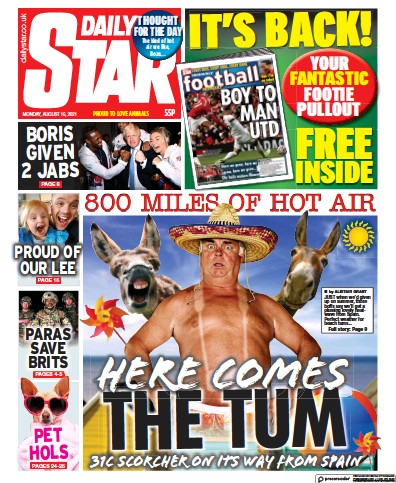 Daily Star Newspaper Front Page (UK) for 16 August 2021