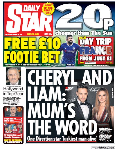 Daily Star Newspaper Front Page (UK) for 16 September 2016