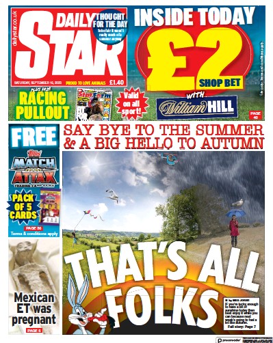 Daily Star Newspaper Front Page (UK) for 16 September 2023