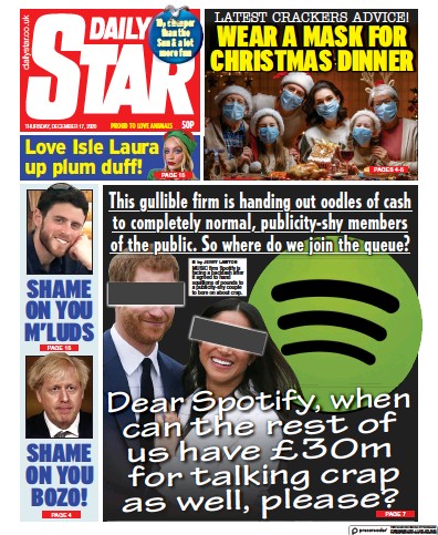 Daily Star Newspaper Front Page (UK) for 17 December 2020