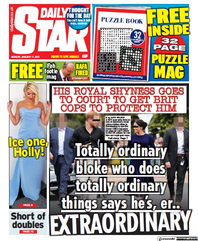 Daily Star Newspaper Front Page (UK) for 17 January 2022