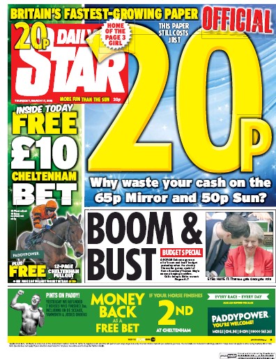 Daily Star Newspaper Front Page (UK) for 17 March 2016
