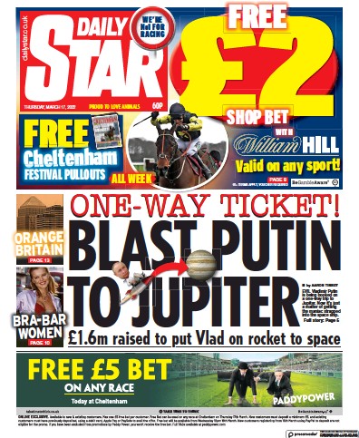 Daily Star Newspaper Front Page (UK) for 17 March 2022