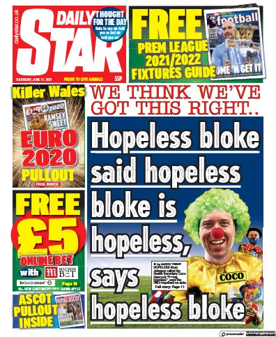 Daily Star Newspaper Front Page (UK) for 17 June 2021