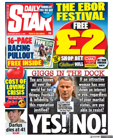 Daily Star Newspaper Front Page (UK) for 17 August 2022