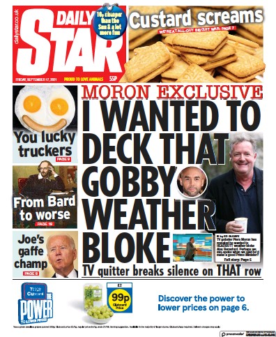 Daily Star Newspaper Front Page (UK) for 17 September 2021