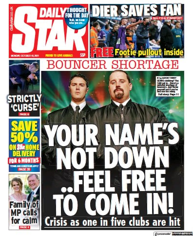 Daily Star Newspaper Front Page (UK) for 18 October 2021