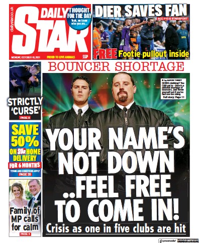 Daily Star Newspaper Front Page (UK) for 18 October 2021