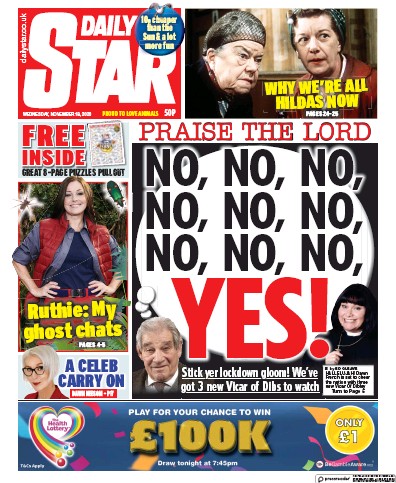 Daily Star Newspaper Front Page (UK) for 18 November 2020