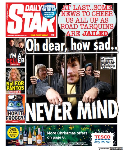 Daily Star Newspaper Front Page (UK) for 18 November 2021