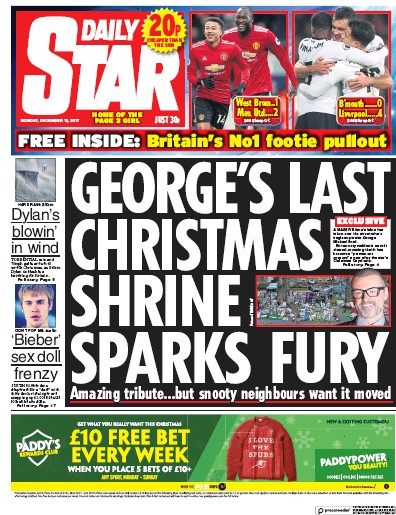 Daily Star Newspaper Front Page (UK) for 18 December 2017