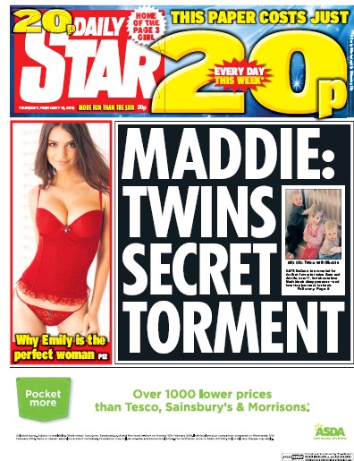 Daily Star Newspaper Front Page (UK) for 18 February 2016
