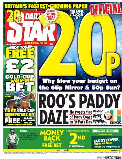 Daily Star Newspaper Front Page (UK) for 18 March 2016