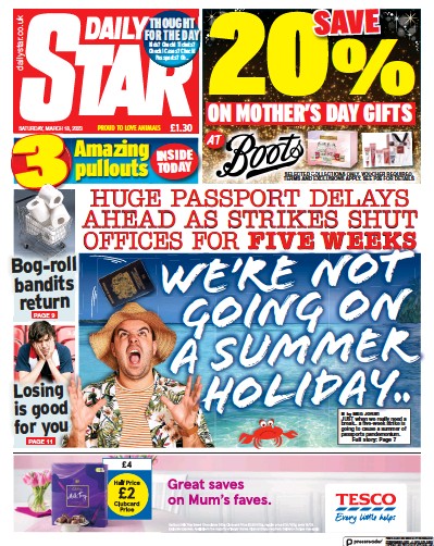Daily Star Newspaper Front Page (UK) for 18 March 2023