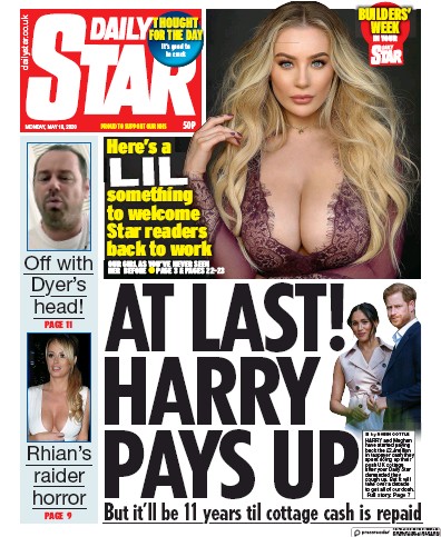 Daily Star Newspaper Front Page (UK) for 18 May 2020
