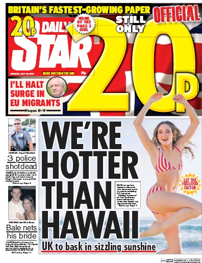 Daily Star Newspaper Front Page (UK) for 18 July 2016