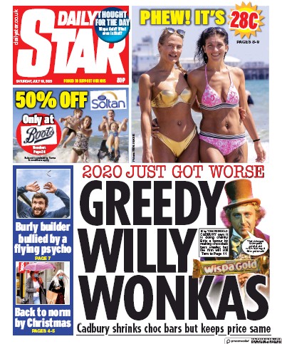 Daily Star Newspaper Front Page (UK) for 18 July 2020