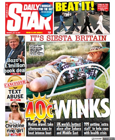 Daily Star Newspaper Front Page (UK) for 18 July 2022