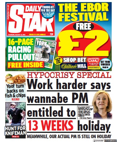 Daily Star Newspaper Front Page (UK) for 18 August 2022