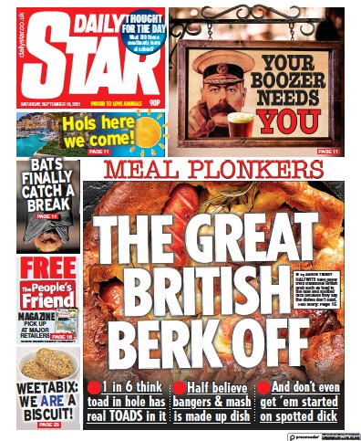 Daily Star Newspaper Front Page (UK) for 18 September 2021