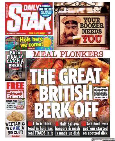 Daily Star Newspaper Front Page (UK) for 18 September 2021